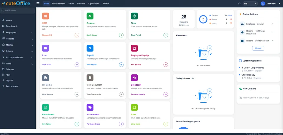 cuteOffice HRM home with leave, time, payroll and payslip modules